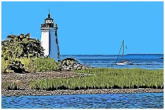 Sailboat Anchored by Black Rock Harbor Light. Digi Paint.